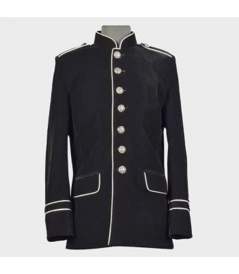 Men’s Military Style Gothic Steampunk Coat | Vintage Black Velvet Jacket With White Trim